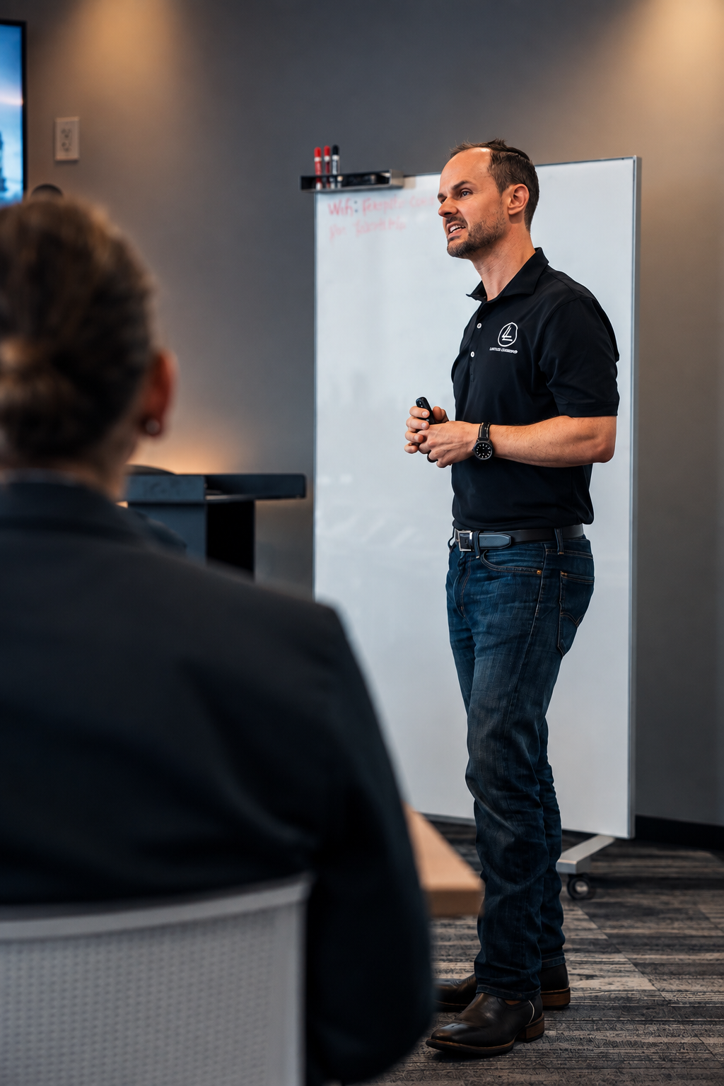 A group working through a leadership session at a whiteboard